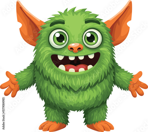 Cute green furry monster with big ears, happy smile, wide eyes, cartoon creature, fantasy character, fun design for kids