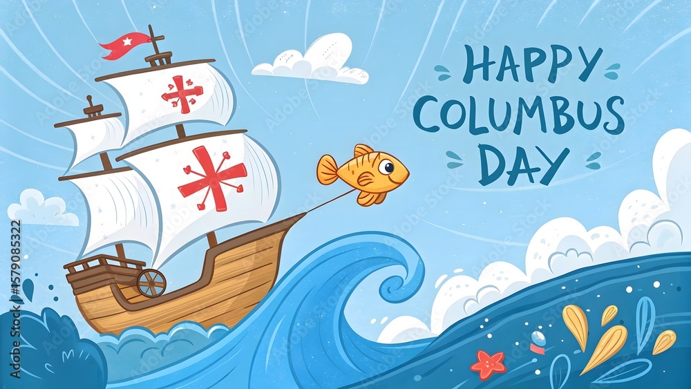 Obraz premium Happy Columbus Day: A Cartoon Ship Sailing on Waves with a Fish