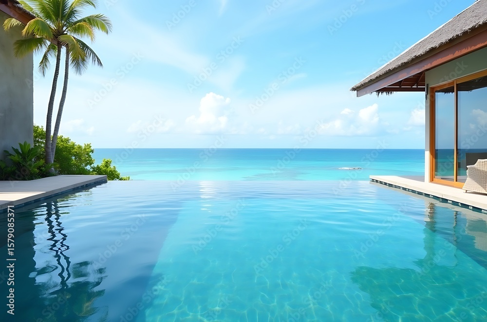 Fototapeta premium Modern Tropical House Ocean View Infinity Pool Getaway ai generated