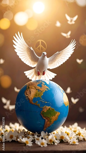 A white dove soars over a globe, surrounded by daisies and peace symbol