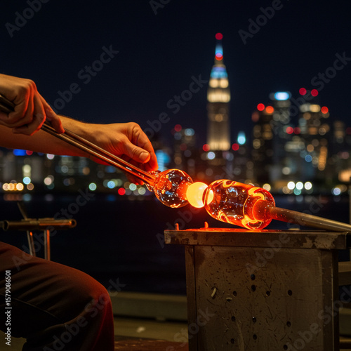 Glassblower's Hands Crafting Molten Glass Against a Cityscape at Night in 8k.
