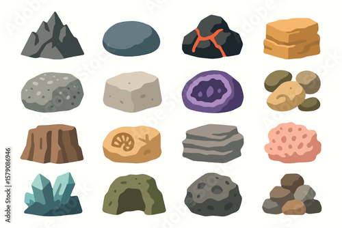 Cartoon Rock and Mineral Icon Set with Stones, Crystals, and Fossils