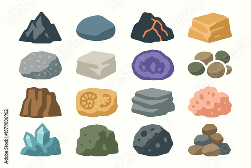 Cartoon Rock and Mineral Icon Set with Stones, Crystals, and Fossils