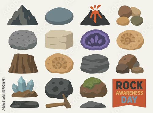 Cartoon Rock and Mineral Icon Set with Stones, Crystals, and Fossils