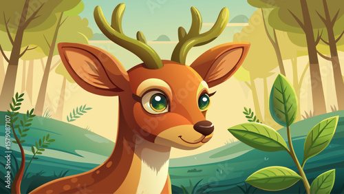 A thoughtful deer stands beside a tiny sprouting plant. Its cartoon eyes are soft, horns curved gently. The scene feels symbolic of patience and new beginnings in peaceful nature.