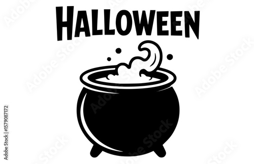 Boiling cauldron with bubbles and "Halloween" text, a black and white isolated logo perfect for party invitations and spooky event branding