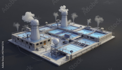 Floating industrial platform with multiple structures and steam vents, featuring complex network of pipes and tanks. platform appears to be designed for processing or research purposes