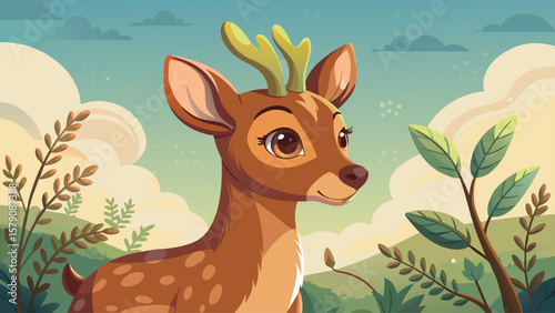 A thoughtful deer stands beside a tiny sprouting plant. Its cartoon eyes are soft, horns curved gently. The scene feels symbolic of patience and new beginnings in peaceful nature.