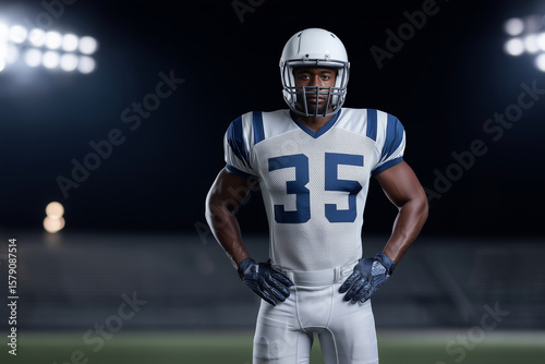 Male athlete wearing modern football uniform mockup, standing on stadium field under bright lights, 