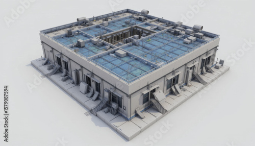 Modern, industrial building with flat, glass roof and multiple ventilation units, showcasing minimalist architectural design. structure features external staircases and symmetrical layout