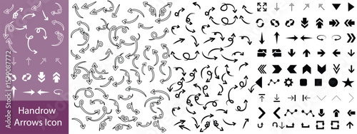 Hand drawn arrow vector icons set. Sketch arrow design for business plan and education. Set of arrows black icons. Circle arrows, rotate arrow, redo process symbol.