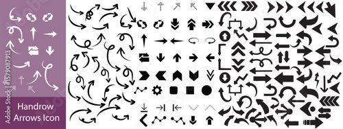 Hand drawn arrow vector icons set. Sketch arrow design for business plan and education. Set of arrows black icons. Circle arrows, rotate arrow, redo process symbol.