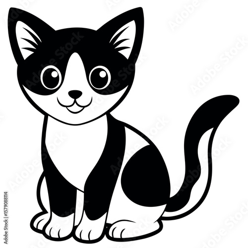 Cute cartoon black and white kitten sitting and smiling