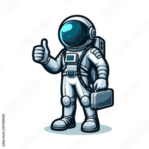 An astronaut standing with a sleek helmet under one arm and a thumbs-up pose, clean vector mascot on white background