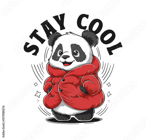 Cartoon Style Adorable Panda Character Wearing Padded Jacket Illustration