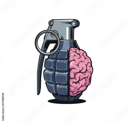 Creative Detailed Grenade with Brain Concept Illustration Graphic Design Artwork