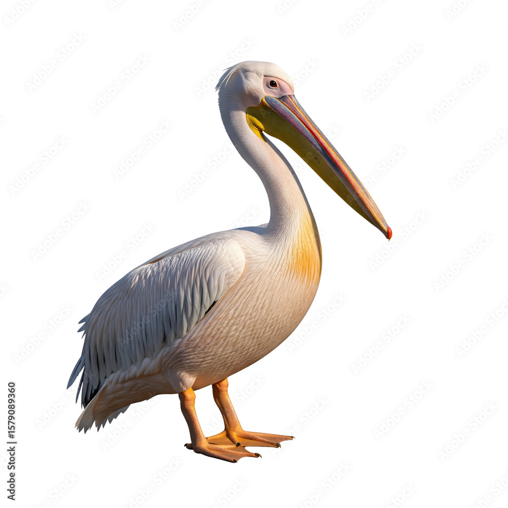 Obraz premium A great white pelican stands tall, isolated on transparent background, showcasing its impressive beak and elegant plumage