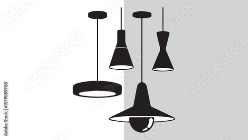 Silhouetted Pendant Lights Arrayed Against a Light Gray and White Background Interior Design Lighting Concept