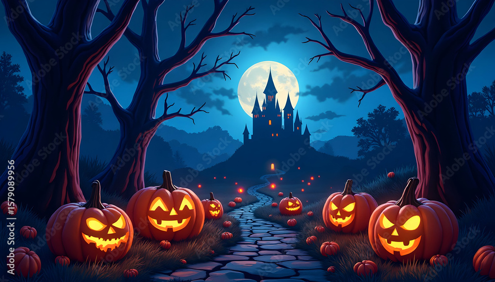 Enchanting Halloween Night Landscape with Glowing Pumpkins and Castle View Enchanting Halloween Night Landscape with Glowing Pumpkins and Castle View