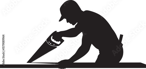 Carpenter sawing wood with handsaw male