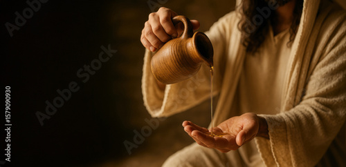 Jesus Pouring Sacred Oil for Anointing

Anointing Ritual with Oil in the Hands of Christ