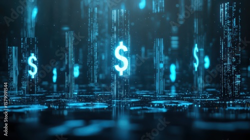 Economy charts data concept. Digital cityscape with glowing dollar signs and data streams.