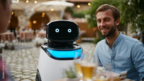 Robot barista serving coffee in a vibrant cafe with a smiling customer enjoying the experience