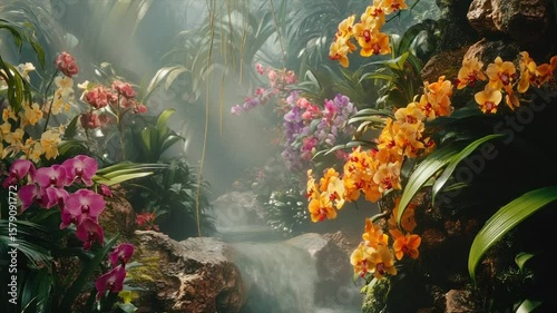 Lush Orchid Garden with Cascading Waterfall