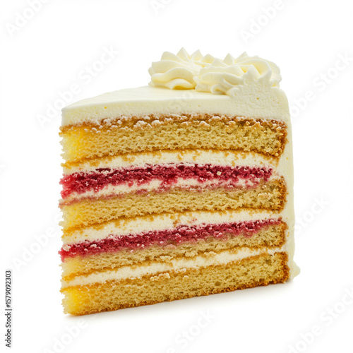 Delicious Cake Slice with Creamy Frosting on White Backdrop. High Detail 8K.