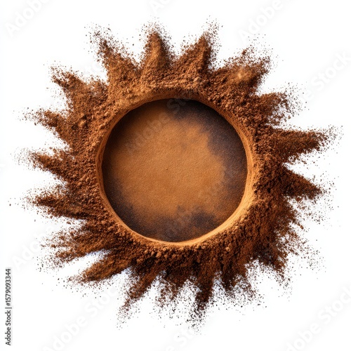 Brown powder exploding outwards from a circular frame isolated on white background