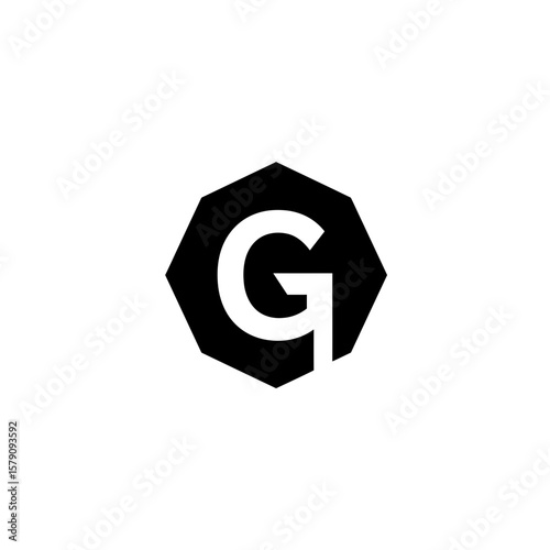 Simple Geometric Symbol: A clean, minimalist design featuring a bold black octagon enclosing a stark white letter "G".