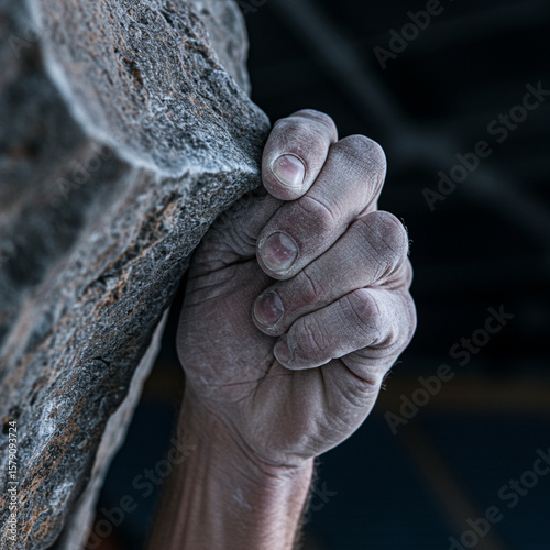 Close-up of Climber's Chalked Hand Firmly Gripping Rock in Stadium, 8K Detail.