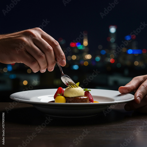 Chef plates artistic dessert with cityscape view at night in macro detail. 