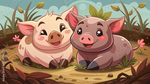 Two tiny pigs lie in a warm muddy patch, their bodies touching. Their wide smiles and stillness show joy in simple moments, drawn with round, comforting cartoon shapes.