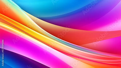 A vibrant abstract image with flowing rainbow gradient layers cascading diagonally across the frame, forming a smooth digital wave pattern in high depth.