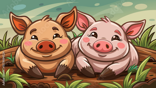 Two tiny pigs lie in a warm muddy patch, their bodies touching. Their wide smiles and stillness show joy in simple moments, drawn with round, comforting cartoon shapes.