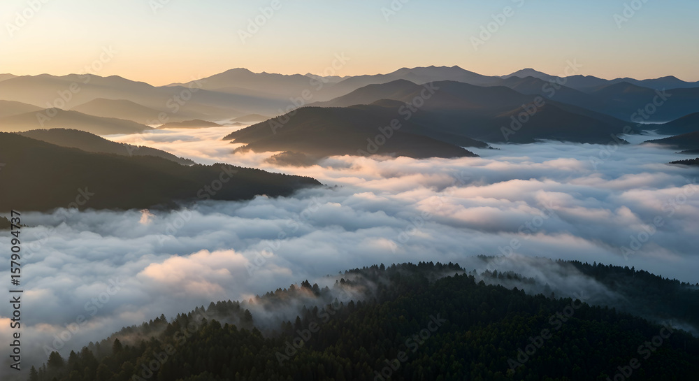 Obraz premium Sunrise over misty mountain range breathtaking view