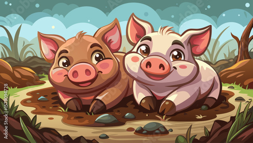 Two tiny pigs lie in a warm muddy patch, their bodies touching. Their wide smiles and stillness show joy in simple moments, drawn with round, comforting cartoon shapes.