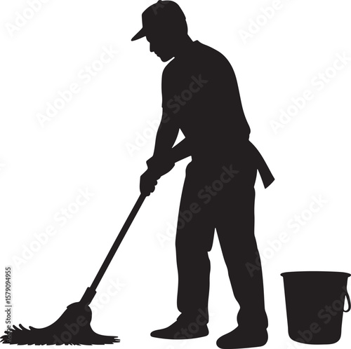 Silhouette of a person mopping with a bucket janitor cleaning