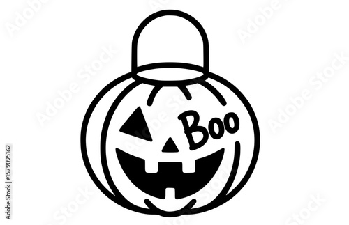 Hand drawn smiling pumpkin basket with "Boo" text, a black and white outline drawing perfect for trick-or-treat bags and Halloween kids' crafts