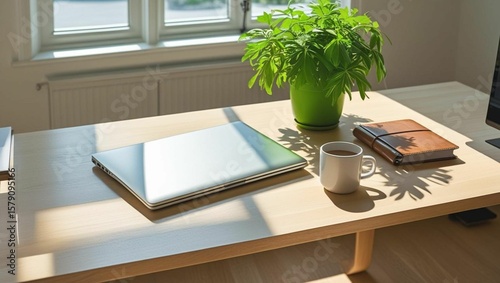 Modern Home Office Setup
Stylish desk with a laptop, plant, coffee mug, and notebook.
Natural lighting, minimalist composition.
Great for remote work and productivity themes.