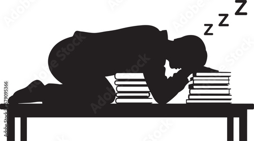 Silhouette of person sleeping on books at desk black