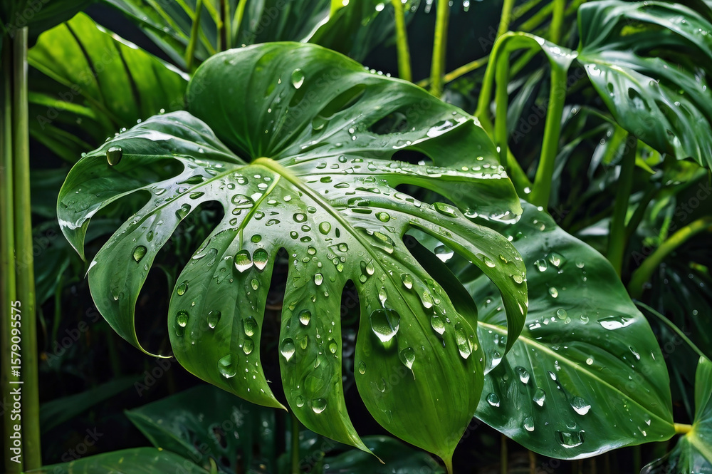 Obraz premium monstera leaf with water drops