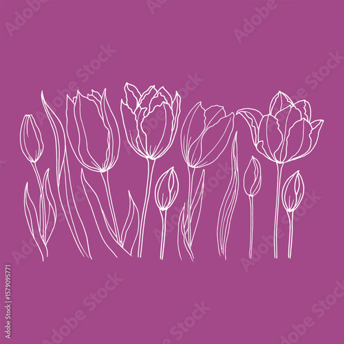 Silhouettes of tulips. Contrasting image of tulips on red background. Cute ornament for wallpaper, fabric, card.