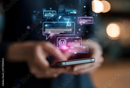 AI chatbot virtual assistant technology concept. Person using smartphone chat with AI chatbot that has dialogue bubbles, representing artificial intelligence, help, smart customer service technology,