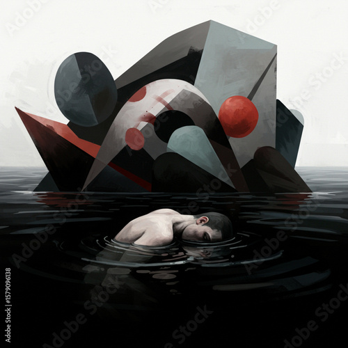 Abstract Geometric Agony: Oil Painting of Self-Loathing in Darkness, Isolated. 