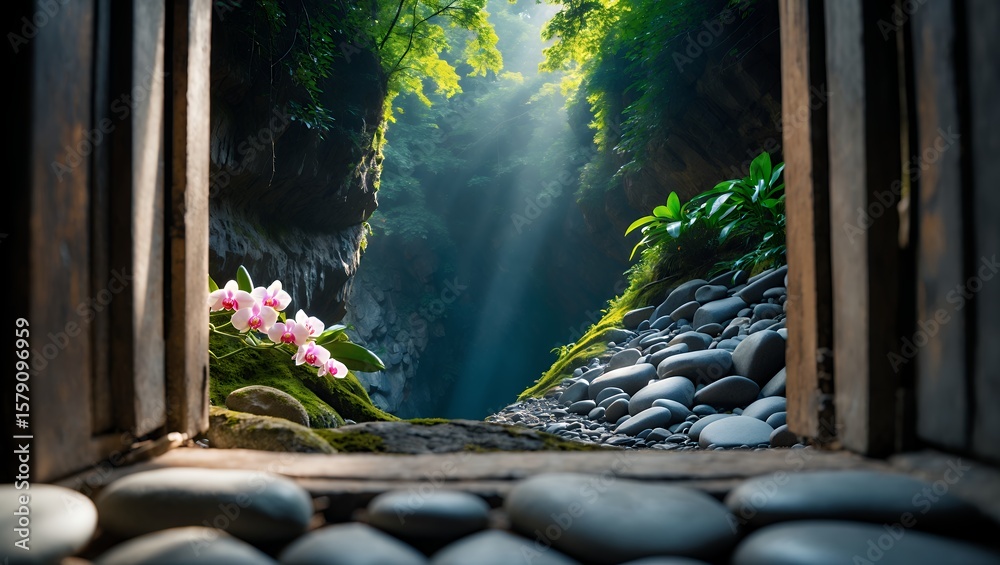 Obraz premium Orchid and rock path through canyon seen from wood doorway