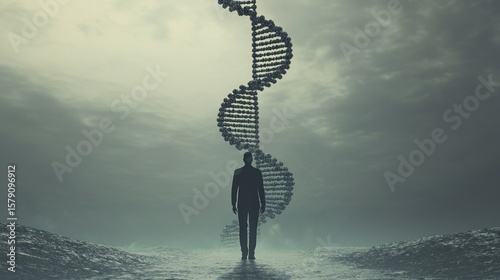 Silhouetted figure walks towards a DNA spiral in a desolate landscape