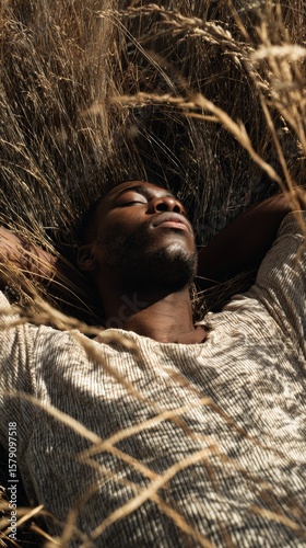 A photograph of Black man lies peacefully in tall dry grass, fully relaxed. Warm sunlight casts long shadows. Transparent sound waves ripple in the breeze..
