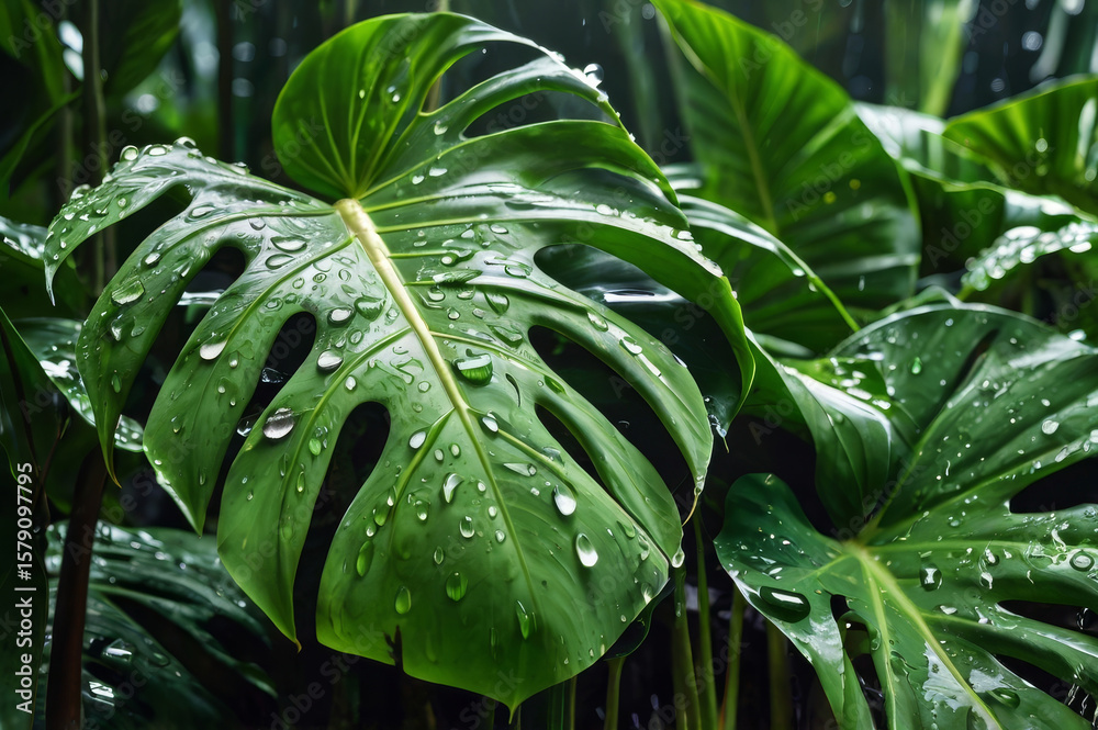 Fototapeta premium monstera leaf with water drops